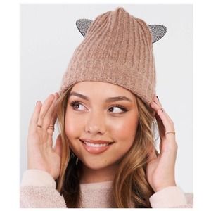 Rhinestone Cat Ears Glitter Woven Knit Beanie Winter Hat